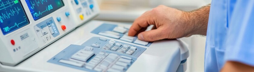 Naklejka premium Medical Professional Operating Advanced Medical Equipment for Patient Monitoring in a Clinical Environment with Focus on Technology and Care