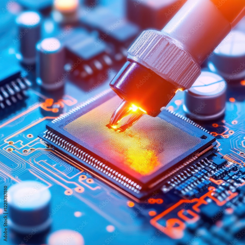 Poster close-up of a microchip with bright marker optimizing data processing on blue circuit board with glo