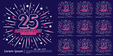 Set of 15-95th years anniversary celebration emblem. anniversary logo isolated with fireworks and stars sparkle glittering background. vector illustration template design