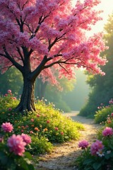 Spring garden scene with a blooming tree and sunshine, foliage, garden, spring