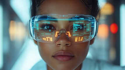 A woman with dark hair and skin wearing futuristic augmented reality glasses with glowing blue lines and digital data on the lenses, looking at the camera.