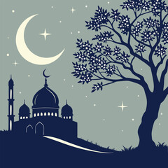 Design a serene night sky with a glowing crescent moon and stars, perfect for Ramadan.