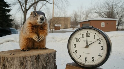 A curious groundhog standing on a wooden stump, next to a countdown timer showing the days until spring. 