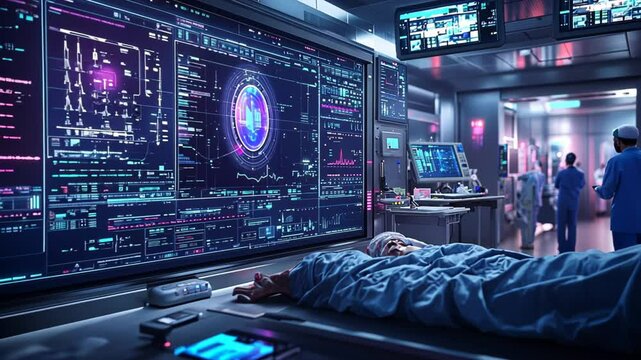 High-tech medical facility with advanced monitoring systems and staff