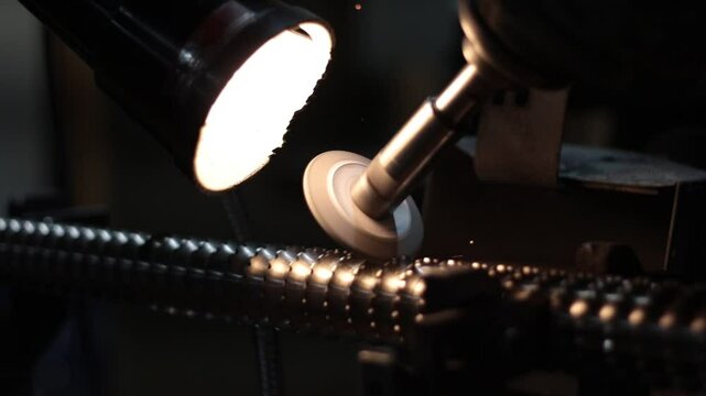 A spinning grinder machine is sharpening the ridged edges on a broach tool inside of a manufacturing company.
