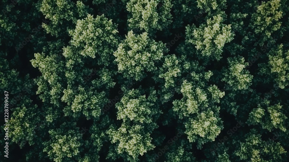 Poster aerial view of a dense green forest showcasing various tree types and foliage patterns