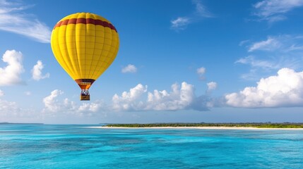 Fototapeta premium Yellow Hot Air Balloon Over Tropical Ocean