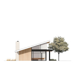 A digital rendering showcases a modern house design with a pitched roof, large windows, and wood siding, situated amidst landscaping.