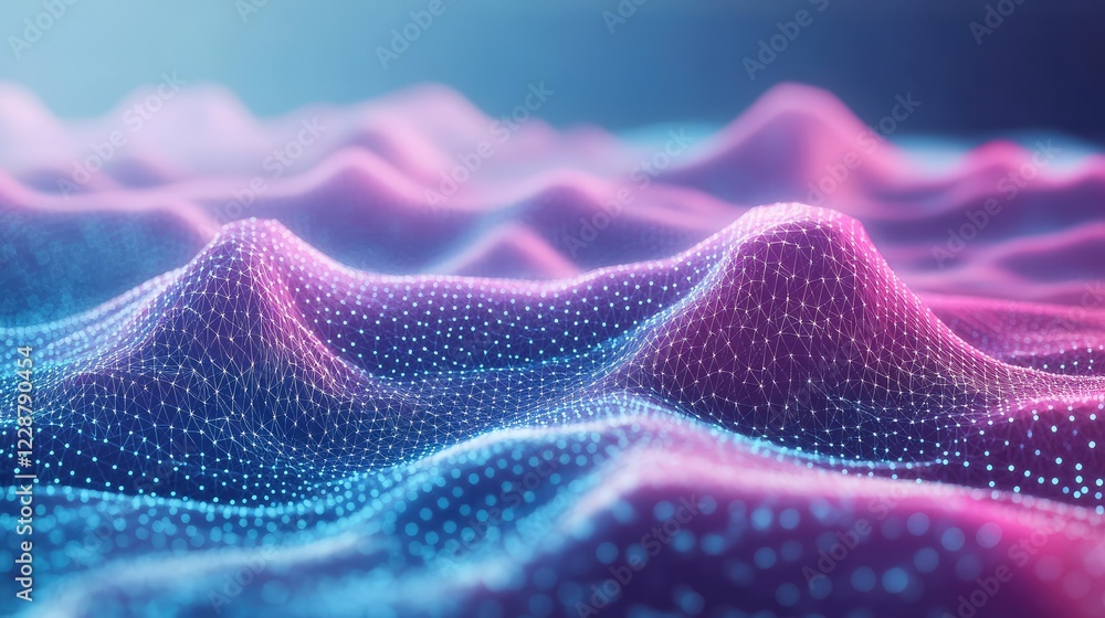 Poster abstract 3d representation of colorful digital landscape with wavy forms and light points, ideal for