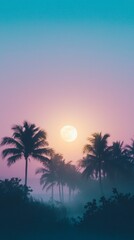 Serene Tropical Moonlit Night  Palm Trees  Full Moon  Misty Beach