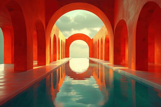 Surrealist photography, large windows and foregrounds, peaceful meadow images reflected outside, bridges made of light, heavenly light coming down from the sky