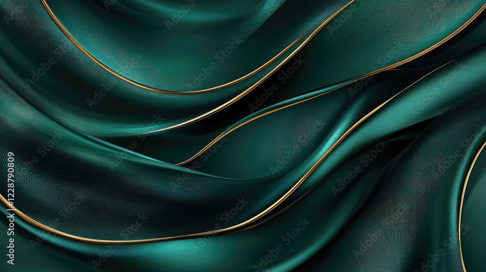 Poster lush green silk fabric with elegant gold accents flowing in waves, creating a luxurious and sophisti
