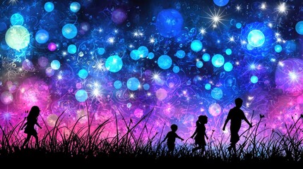 Fototapeta premium Children playing in magical night field