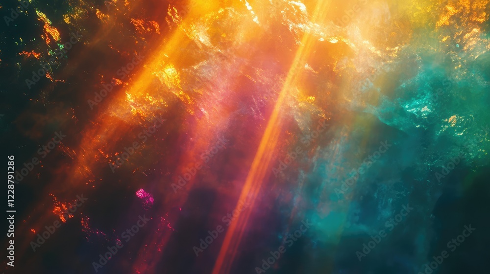 Poster vibrant abstract background with colorful light rays, shimmering waves, and ethereal glow in deep wa
