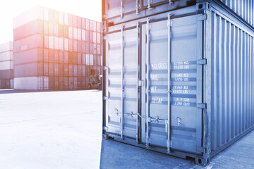 Box Containers, Shipping Cargo Container. Handling of Logistics Transportation Industry. Freight Trucks Import-Export. Distribution Warehouse Port. Shipping Logistics Transport Ships.