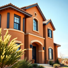 Luxury Mediterranean House Exterior: Orange Stucco, Black Windows, and Elegant Design