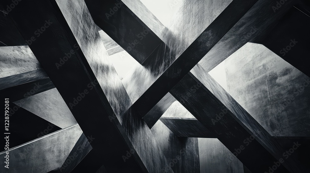 Poster abstract architectural design featuring intersecting concrete beams creating dynamic lines and shado