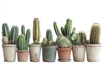 Collection of various cacti in terracotta pots isolated on white.