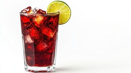 Iced Red Drink with Lime, White Background