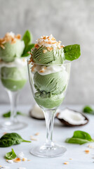 Green spinach, avocado and coconut ice cream with a creamy texture, health with a tropical flavor.