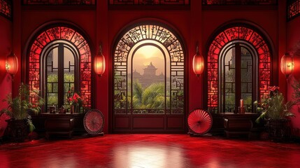 Red Chinese Room Sunset View Garden