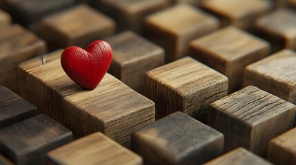  a single red heart resting atop a wooden block, which is part of a larger arrangement of wooden blocks.