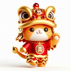 3D Adorable cartoon gold red God of Fortune cat in a lion dance costume, white background