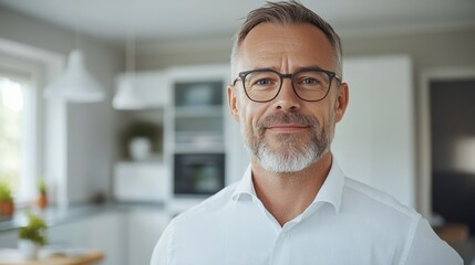 A confident middle-aged man smiling in a modern kitchen setting.