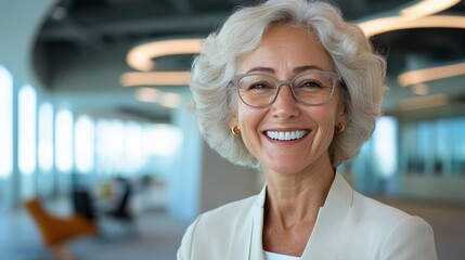 Fototapeta premium A confident older woman smiling in a modern office environment.
