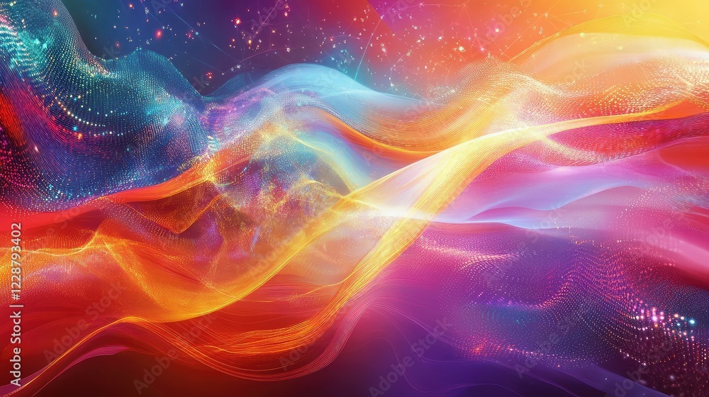 Poster Abstract Colorful Waves of Light Flowing in a Cosmic Landscape Representing Energy, Motion, and Vibrancy in an Enchanting Visual Display of Art