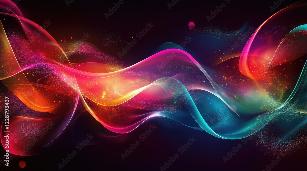Poster vibrant abstract waves of color flowing through a dark background, creating a dynamic and exciting a