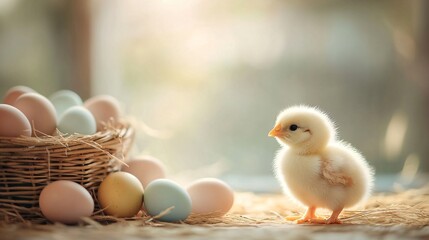 Adorable Baby Chick Near Colorful Eggs Farm Setting Soft Focus Photography Bright Background Gentle Atmosphere