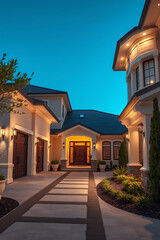 Luxury Home Exterior at Dusk: Modern Architecture and Elegant Design.  Discover the captivating beauty of this upscale residential property, illuminated under the twilight sky.