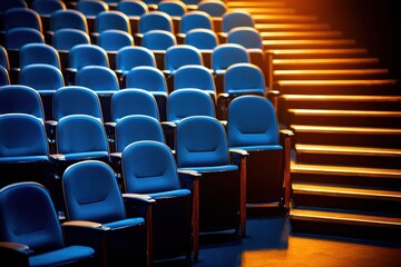 Fototapeta premium Row of blue theater seats illuminated by warm stage light.