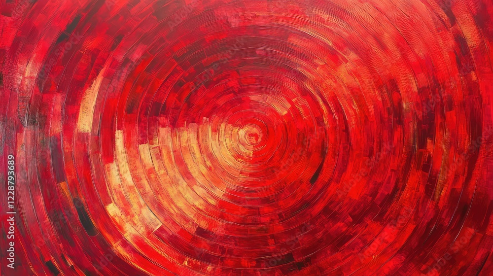 Poster abstract art with vibrant red circular patterns, expressing warmth and movement in a dynamic composi