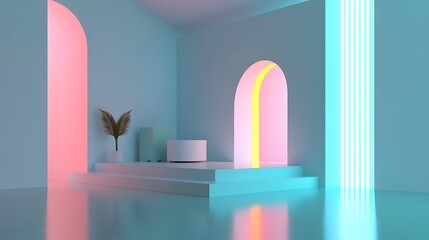 Minimalist Pastel Room with Archways and Neon Lights