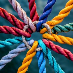 Team business support structure or unity and teamwork concept as a group of diverse ropes united together in strength and solidarity representing belonging or inclusion.