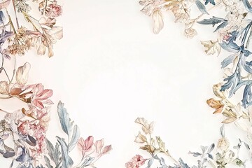 Obraz premium Elegant ornamental floral frame with intricate botanical designs in soft pastel hues, ideal for invitations, greeting cards, or decorative art.