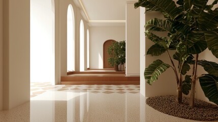 Modern Interior Design  Luxury Beige Hallway with Archways  Polished Floor  and Tropical P