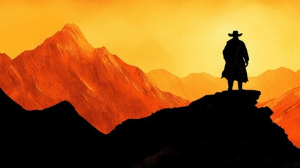 Obraz premium Lone cowboy sunset mountaintop silhouette, western landscape, film poster
