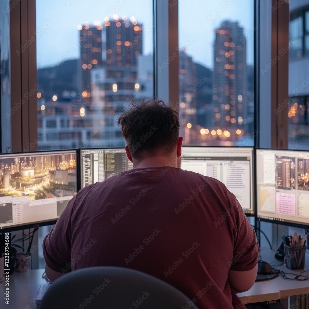 Aufkleber night city skyline view programmer working multiple monitors dedicated focused modern