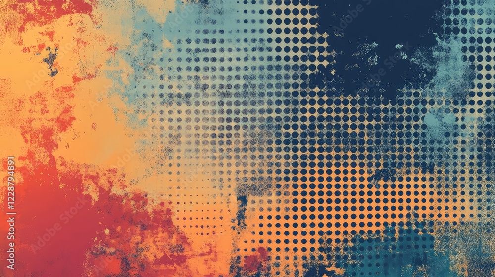 Poster vibrant abstract art with distinctive color splashes and halftone dots, featuring a blend of orange,