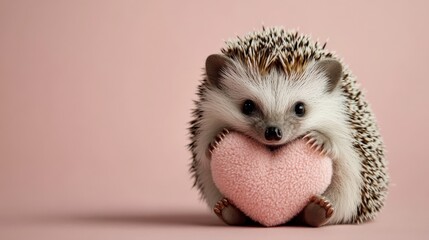 A charming hedgehog cuddling a small plush heart on a plain pink background, ideal for animal lovers and those seeking heartwarming imagery.