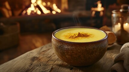 Warm Turmeric Beverage in Rustic Bowl by Cozy Fireplace Setting