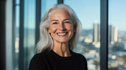 Fototapeta premium A joyful woman with gray hair smiling in a modern urban setting with a city view.