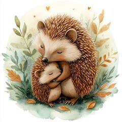 Adorable hedgehog family embraces in a serene natural setting.