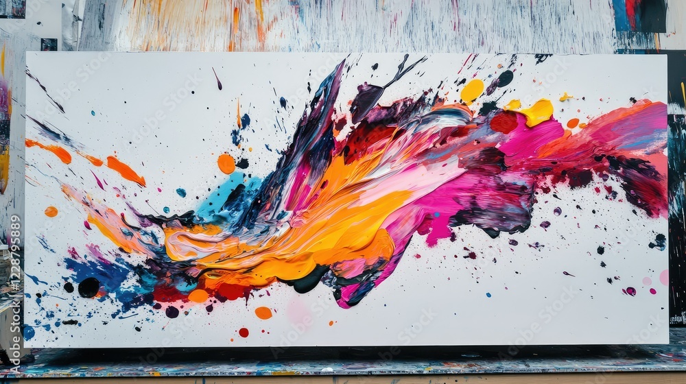 Poster vibrant abstract art explosion with bold colors and dynamic brush strokes capturing energy and creat