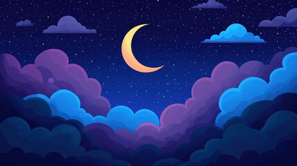 Obraz premium A serene night sky with a crescent moon and fluffy clouds illuminated by stars.