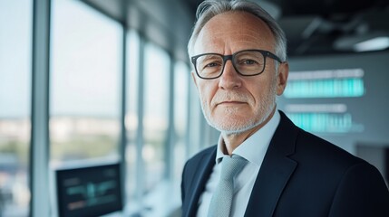 Fototapeta premium A serious businessman stands confidently in a modern office setting.
