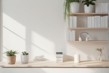 Fototapeta premium Modern Home Office with Natural Light and Minimalist Decor, including Plants, Vase, Candle, and Headphones